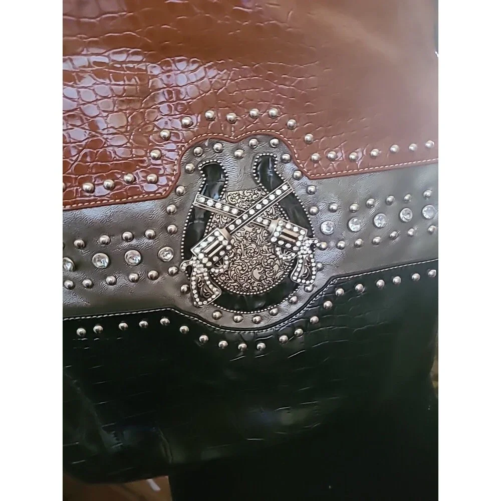 Montana West Crossbody Doublr Guns Brown Black Rhinestone Bag Purse